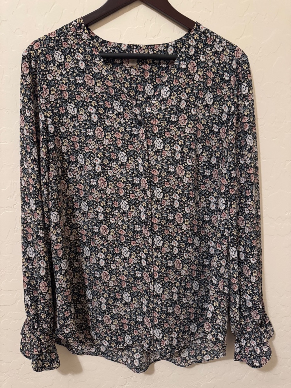 Women’s Black Floral Button-Front Blouse - multi-color pastel floral